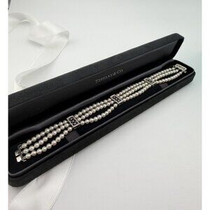 Vtg. Tiffany & Co. Voile Diamond Station 3-Row Pearl Bracelet in Platinum RARE